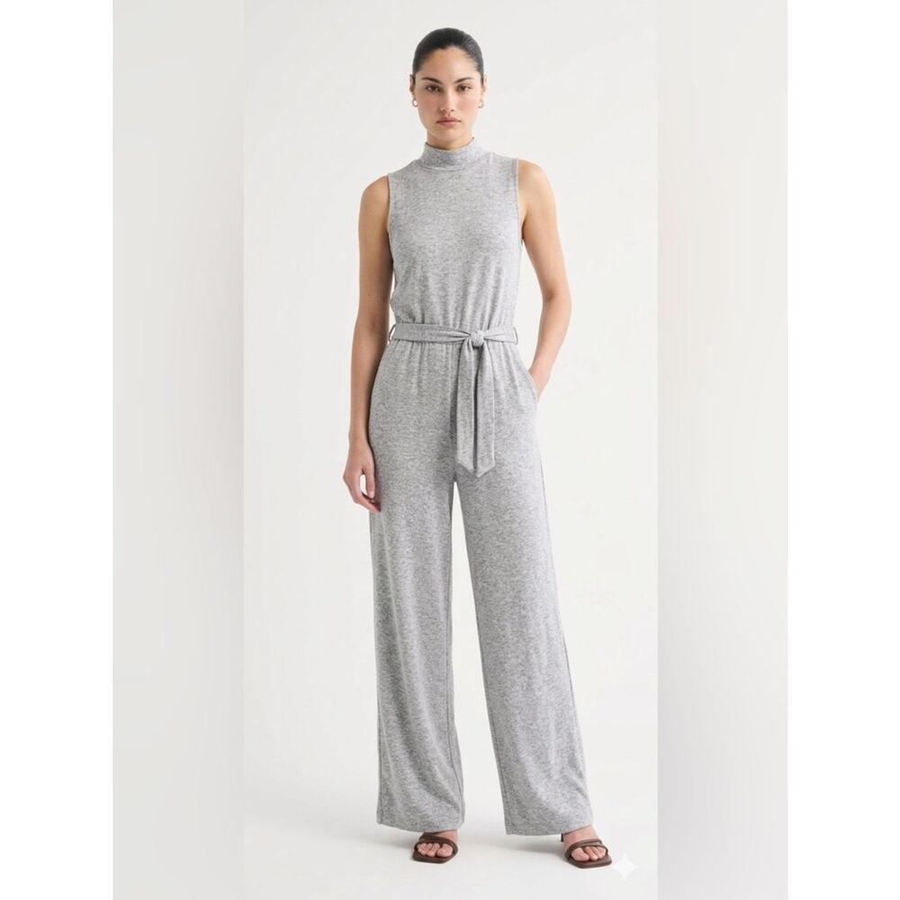 Marc New York Grey Sleeveless Jumpsuit Size M Soft Knit Tie Waist Pockets